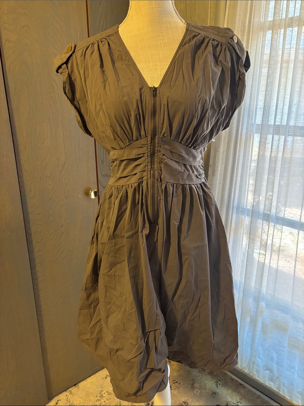 Macys Bar III Dress Grey Smocked Zip Front Elastic Waist Cotton